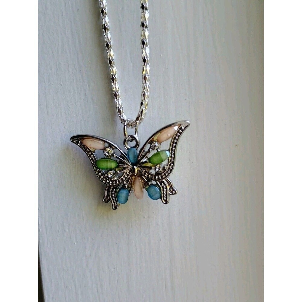 Vintage Intricate Beads Silver Tone Butterfly Necklace 18K GF Chain